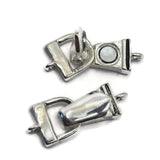 Polished silver fold over magnetic clasps featuring a hinged design that folds over a magnetic base for added security. The built-in attachment loops allow jewelry makers to easily incorporate these clasps into bracelet projects. Suitable for handmade jewelry, artisan bracelets, beading supplies, magnetic jewelry closures, leather bracelets, and professional jewelry making applications.