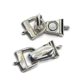 Bright silver bracelet clasps with a fold over magnetic closure system designed for convenience and security. Multiple views show the clasp opened and closed, highlighting the strong magnetic connection and smooth finish. Ideal for bracelet making, beading wire jewelry, leather designs, artisan accessories, magnetic jewelry findings, and custom handmade bracelet creations.