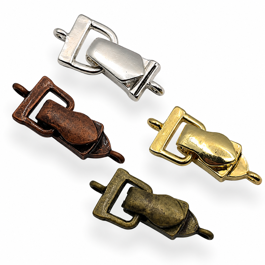 Add flexibility to your jewelry designs with this assorted pack of fold-over magnetic clasps. Featuring a coordinated mix of bright silver, bright gold, and antique gold finishes, these clasps make it easy to match a variety of beads and findings. The fold-over design helps secure the magnetic closure while providing a professional finish. Perfect for bracelets, necklaces, beading wire projects, leather cord designs, and other handmade jewelry creations.