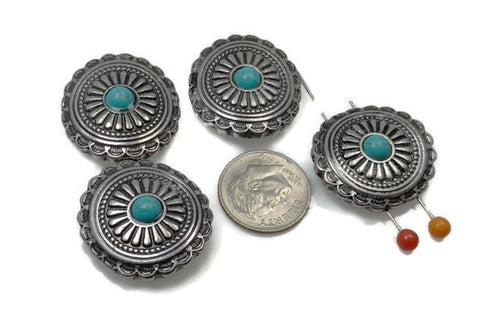 2 Hole Slider Beads (4 pc) Western Style Faux Turquoise and Silver Antique Silver Coin Beads for Jewelry Making 241-H8
