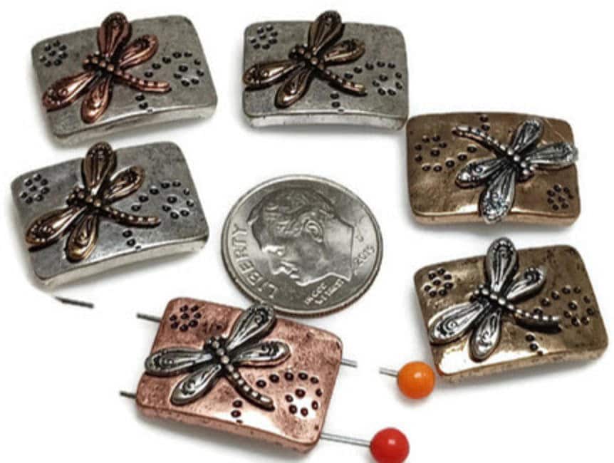 2 hole slider beads (Qty 6) Dragonfly Beads Dragonflies Rectangle Beads Spacer Beads Jewelry Making Beads Bracelet Beads 325-M9 FST