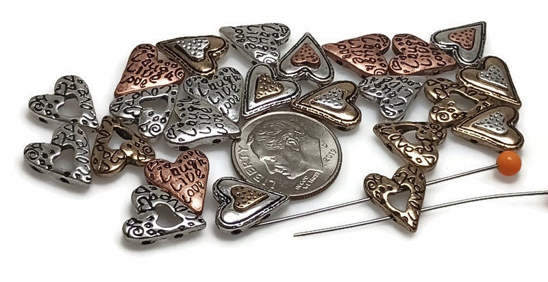 Slider Beads (24 pcs) 2 hole Beads heart Beads Mixed Metals for Jewelry Making 460-M7