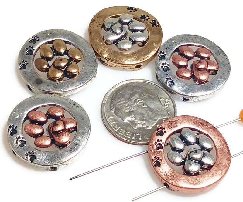 Slider Beads (Qty 5) 2 hole slider beads Metal Beads Spacer Beads Focal Paw Print Beads 485-F13 FST