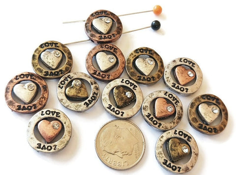 2 Hole Slide Beads (12 pcs)Silver Metal Circle Heart with "Love" Engraved Beads for Jewelry Making or DIY Bracelet or Necklace 518-M1 FST