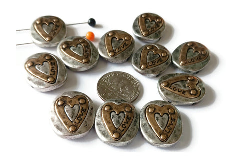 2 Hole Slider Beads (11 pcs) Pewter Silver Heart Inlay Metal Beads for Jewelry Making or DIY Bracelet or Necklace Spacer Filler 504-H8 FST