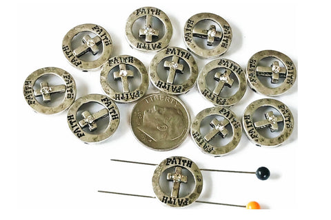 2 Hole Slide Beads (12 pcs)Silver Metal Circle Cross with "Faith" Engraved Beads for Jewelry Making or DIY Bracelet or Necklace 516-M18 FST