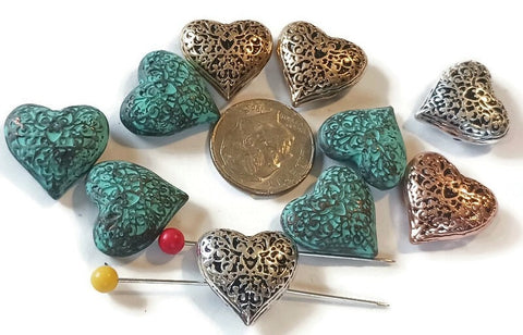 2 Hole Slider Beads (Qt 10) Heart Ornate Filigree Metal Focal fr Crafting Beading, Jewelry Making Necklaces or Bracelets 529-M11