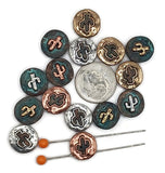Rustic cactus beads for jewelry making. Round coin sliders with textured faces and dimensional cactus at center. Mixed metallic and turquoise patina tones create a southwest vibe. Perfect focal beads for bracelet designs and pendant accents. Keywords: cactus coin bead, southwestern jewelry supplies, desert charm bead, bohemian cactus bead, 2 hole slider.