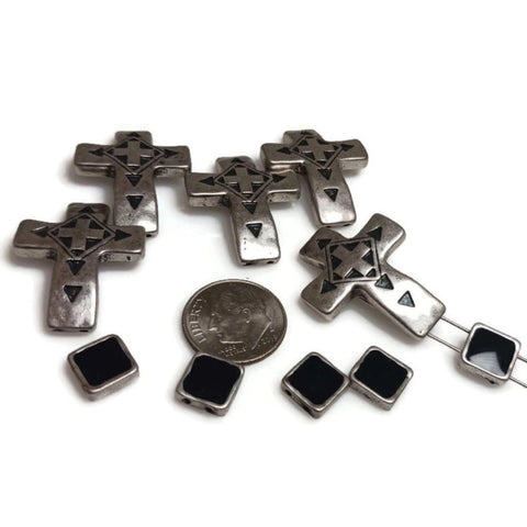 Slider Beads (10 pcs) 2 hole Silver Cross Beads- Great for Bracelet and Other Jewelry Designs 471-M5