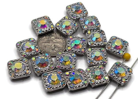 2 hole slider beads (Qty 16) Great for Crafting, Jewelry Making into Necklaces, Rings Bracelets, Silver with Clear AB Rhinestones 626-h8 FST