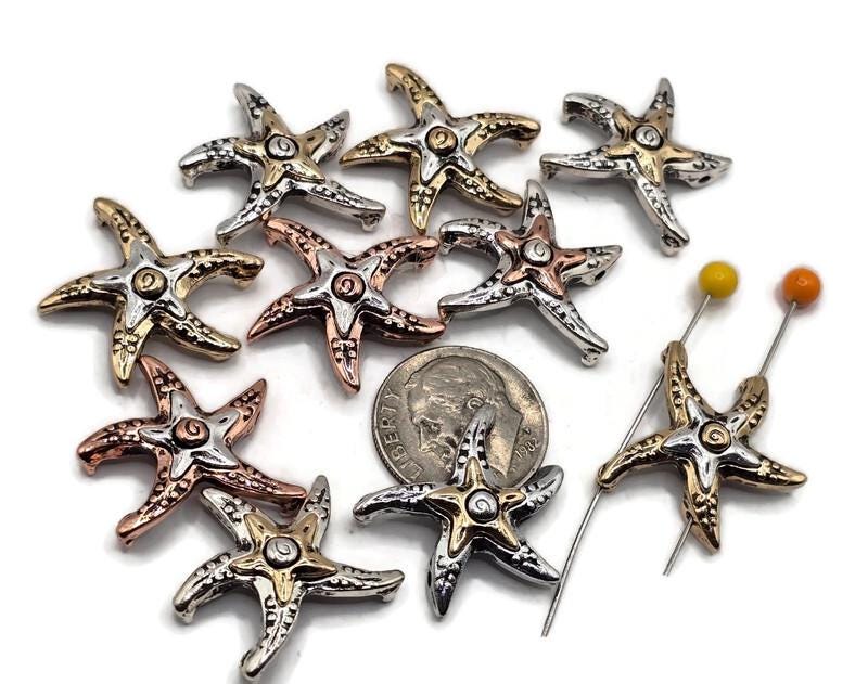 2 Hole Slider Beads (Qty 10) Double Strand Metal Beads with Starfish for Crafting into Necklace or Bracelet Making 610-M14 FST