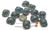 These 2 hole slider beads with turquoise flower design are beautiful focal beads for two strand bracelet and necklace jewelry making. The antique silver finish and turquoise style center create a classic western jewelry look. Pair these metal slide spacer beads with seed beads, duo beads, gemstones, or leather cords to design cowgirl jewelry, southwestern bracelets, and handmade DIY beading projects.