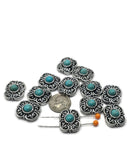 Southwestern turquoise flower 2 hole slider beads with detailed antique silver metal design. These metal slide spacer beads are ideal for two strand double bracelet necklace jewelry making and sit beautifully between seed beads, duo beads, gemstone beads, or metal spacer beads. A perfect focal component for western jewelry, cowgirl bracelet designs, rustic boho jewelry, and DIY beading projects.