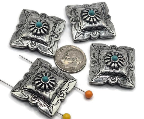 2 Hole Slider Beads (4 pc) Focal Western Design with Faux Turquoise for Crafting or Jewelry Making into Bracelet or Necklaces 633-M9 -FST