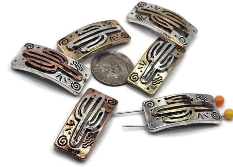 Slider Beads (6 pc) Western Flat Spacer Beads with a Cactus Design for Jewelry Making, Necklaces and Bracelets in Mixed Metals 644-N12