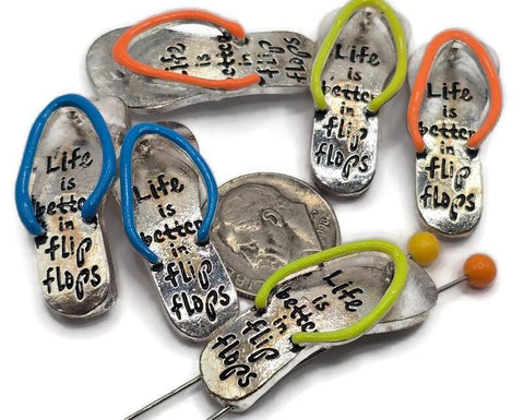 2 Hole Slider Beads (Qt 6) in Silver Flip Flop Summertime Beach Design for Jewelry Making into Necklaces and Bracelets 646-M14 FST