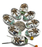 Bring tropical vibes to your jewelry designs with these stunning palm tree slider beads. Each bead features a raised golden palm tree against silver with ocean waves and a shimmering abalone inlay. The two-hole slider design makes them secure in multi-strand bracelets, necklaces, and anklets. Perfect for beach-themed jewelry, vacation gifts, and bohemian coastal collections.