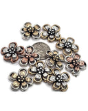 Bring elegance to your jewelry designs with these two-hole flower slider beads. Featuring silver petals accented with gold, bronze, or copper details, they’re ideal for creating unique bracelets, necklaces, and anklets.