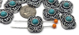 Create bold rustic jewelry with these western turquoise floral 2 hole slider beads in antique silver metal. These metal slide spacer beads are designed for double strand bracelet and necklace jewelry making and pair perfectly with seed beads, duo beads, gemstones, or leather cords. Ideal for southwestern jewelry, cowgirl bracelets, boho western accessories, and creative DIY jewelry making supplies.