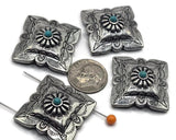 2 Hole Slider Beads (4 pc) Focal Western Design with Faux Turquoise for Crafting or Jewelry Making into Bracelet or Necklaces 633-M9 -FST