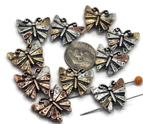 2 Hole Slider Beads (Qt 10) Butterfly in Mixed Metals for Crafting or Jewelry Making into Bracelets, Necklaces Gold Silver Copper 643-M5 FST