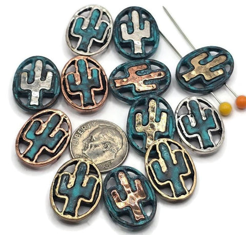 Slider Beads (12 pc) Western Flat Spacer Beads with a Cactus Design for Jewelry Making, Necklaces and Bracelets in Mixed Metals 640-N12