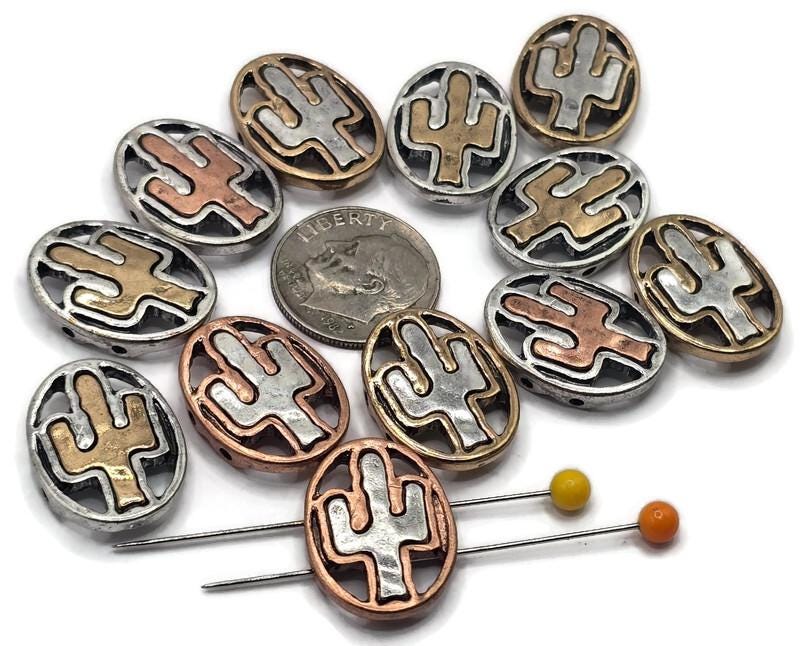 Slider Beads (12 pc) Western Flat Spacer Beads with a Cactus Design for Jewelry Making, Necklaces and Bracelets in Mixed Metals 642-N12