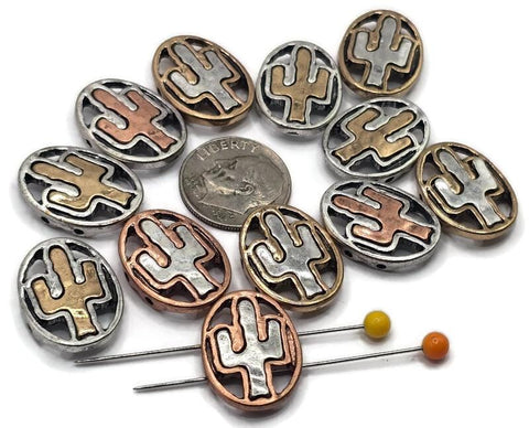 Slider Beads (12 pc) Western Flat Spacer Beads with a Cactus Design for Jewelry Making, Necklaces and Bracelets in Mixed Metals 642-N12