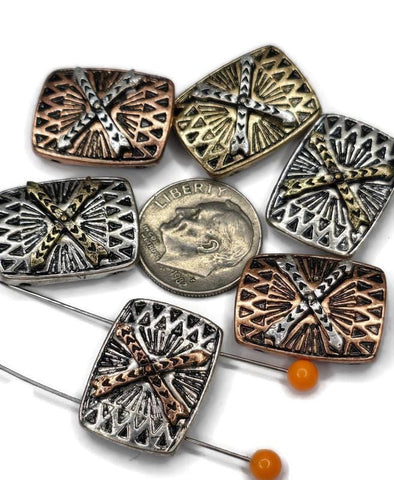 2 Hole Slider Beads (Qty 6) with Art Deco Aztec Look in Rectangle Designs for Jewelry Making or Beading into Bracelet or Necklaces 650-N12