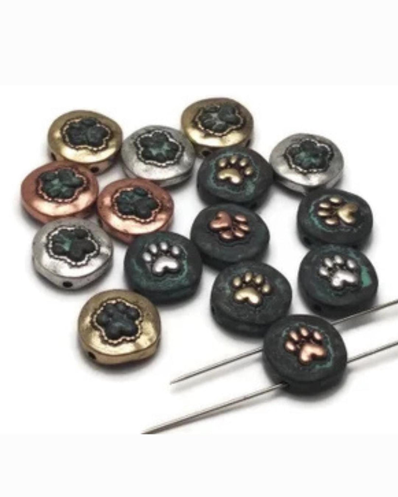 15 Patina, antique gold and antiquee copper small paw print 2 hole Slider Beads