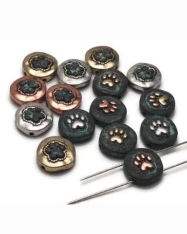 15 Patina, antique gold and antiquee copper small paw print 2 hole Slider Beads