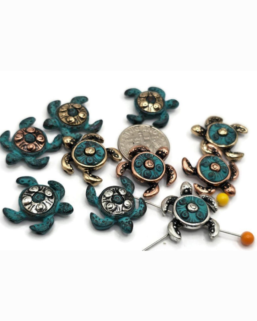 2 Hole Slider Beads (QTy 10) Patina Copper Turtle Beads for Jewelry Making, Beading and Crafting into Bracelets, Necklaces & Jewelry 668-N3