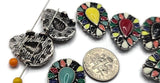 Create unique artisan jewelry with these colorful mosaic teardrop 2 hole slider beads in antique silver metal. These metal slide spacer beads are designed for two strand double bracelet necklace jewelry making and pair perfectly with seed beads, duo beads, gemstone beads, and leather cords. Perfect for boho jewelry, southwestern inspired designs, colorful bracelets, and DIY jewelry making projects.