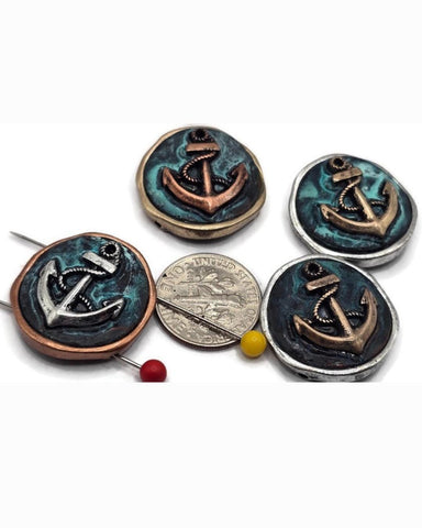 2 hole Slider Beads (Qty 4) Metal Anchor Design for Beading, Crafting or Jewelry Making into Necklaces or Bracelets 696-M15