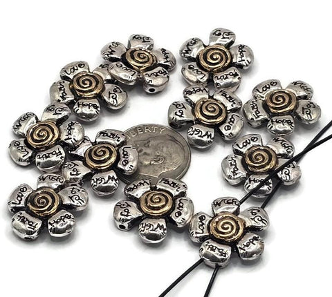 2 Hole Slider Beads (11 pc) Floral Beads Flower Beads Spacer Beads Flat Beads Sliderbeads 2 hole beads Pewter Beads 251-H8