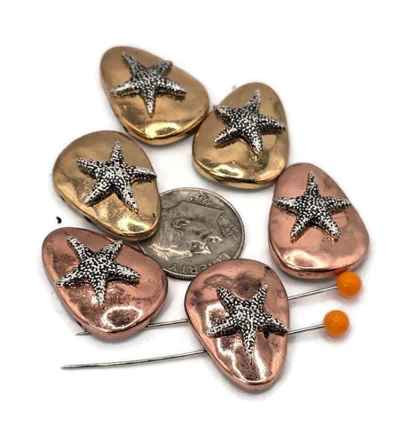 2 Hole Slider Beads (6 pc) Sealife Starfish Metal for Beading, Crafting and Jewelry Making into Necklaces, Bracelets, Rings Earrings 703-M18