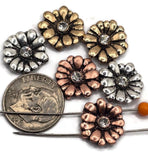 These daisy 2‑hole slider beads come in bright silver, copper, and gold finishes, each accented with a sparkling crystal center. Their dimensional petals create depth and shine, making them perfect for double‑strand bracelets, chokers, or necklaces. Use them as focal beads or spacers to add cheerful floral beauty and elegance to any handmade boho or spring jewelry design.