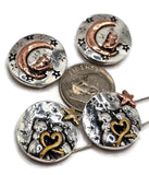 Round 2 hole metal slider beads with celestial themes — cats with a heart under the stars and cats sitting on crescent moons. Finished in silver with copper, gold, and bronze detailing, these beads bring whimsical charm and focal beauty to DIY necklaces, bracelets, and handmade jewelry projects.