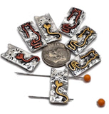 Rectangular 2 hole slider beads in a shiny silver finish, decorated with playful cat designs and enamel-style red and gold hearts. Great for bracelet centerpiece beads or necklace pendants.
