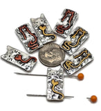 Durable 2 hole slider beads crafted in silver-tone metal with cat motifs and colorful red/gold accents. Ideal as focal beads, spacer beads, or jewelry findings for cat lover designs.
