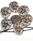 Beautiful sea turtle 2 hole slider beads crafted in silver-tone metal with bronze turtle detailing. These round beads sit flat and secure, making them perfect as focal beads for ocean jewelry, seaside bracelets, beach necklaces, and nautical handmade designs.