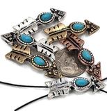 These arrow 2 hole slider beads with faux turquoise centers are perfect focal pieces for bracelets, necklaces, and chokers. Each bead features a rustic arrow design finished in silver, gold-bronze, and copper tones, bringing Western and bohemian flair to your DIY projects. The two-hole structure ensures a flat, stable fit. Ideal for jewelry makers crafting boho, Southwestern, tribal, or cowboy-inspired handmade jewelry.