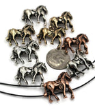 These horse 2 hole slider beads are beautifully detailed and cast in antique silver, gold-bronze, and rustic copper finishes. Perfect for Western, cowboy, and equestrian jewelry, they sit flat and secure thanks to their two-hole construction. Ideal for bracelets, pendants, chokers, or necklaces, these beads celebrate strength, freedom, and motion.