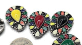 These 2 hole slider beads feature a vibrant mosaic teardrop centerpiece surrounded by colorful enamel accents in antique silver metal. Designed as metal slide spacer beads for double strand bracelet and necklace jewelry making, they pair perfectly with seed beads, duo beads, gemstones, or leather cords. Ideal for boho jewelry, southwestern bracelet designs, colorful statement jewelry, and DIY beading supplies.