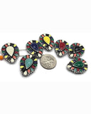 Mosaic enamel 2 hole slider beads with vibrant teardrop center stones and antique silver metalwork. These metal slide spacer beads are perfect for double 2 strand bracelet and necklace jewelry making and pair beautifully with seed beads, duo beads, gemstone beads, or leather cord designs. Ideal for boho jewelry, southwestern bracelets, colorful festival accessories, and handmade DIY beading supplies.