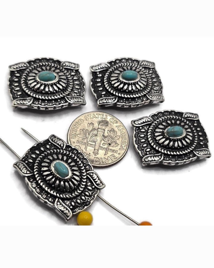 Slider Beads (4 pc) Western Silver and Turquoise Spacer Beads for Jewelry Making, Necklaces, and Bracelets 687-N3 FST