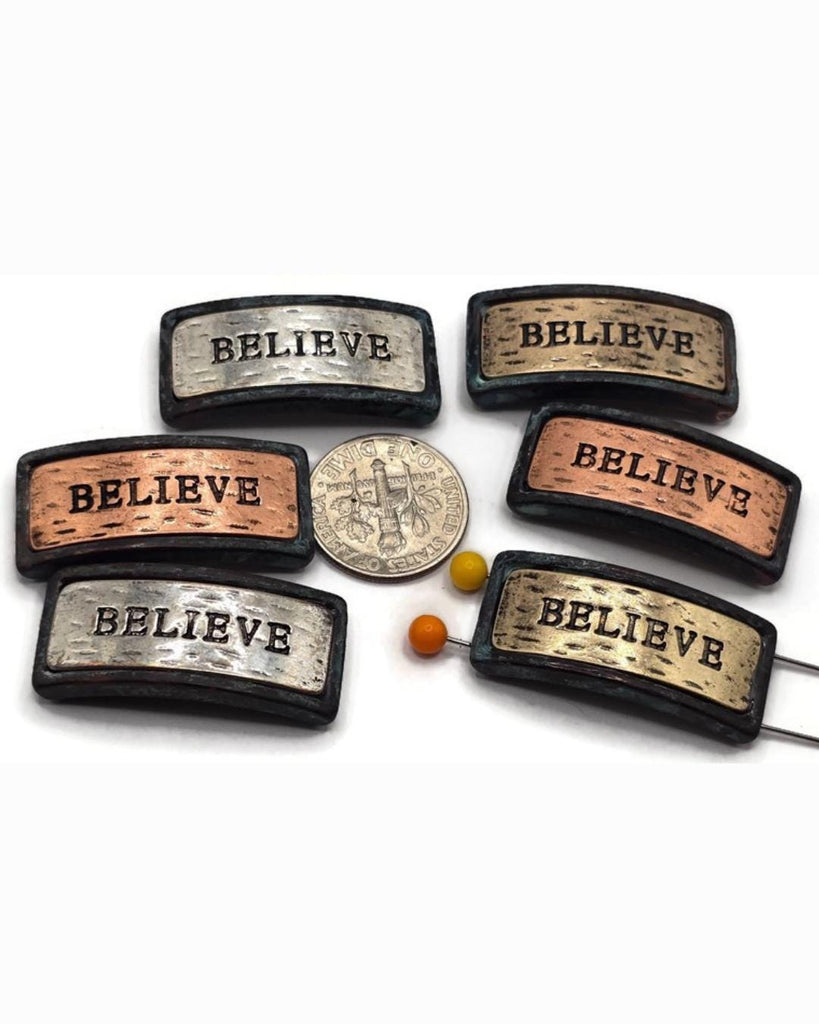 Slider Beads (6pc) Inspirational Believe Silver, copper, patina Spacer Beads for Jewelry Making, Necklaces, and Bracelets 680-N3 FST