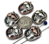 These cat and moon 2-hole slider beads are perfect for mystical and bohemian jewelry. Each oval bead features a sitting cat gazing at the moon, finished in antique silver, copper, or bronze with artisan detailing. The dual-hole slider design keeps strands flat and secure, making them ideal for chokers, bracelets, or necklaces. Great for cat lover jewelry, boho accessories, or whimsical handmade gifts.