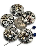 These starfish slider beads bring coastal charm to your jewelry creations. Crafted in antique silver with bronze and copper accents, each round bead features raised starfish and shells for a beach-inspired design. Their dual-hole slider construction ensures strands lie flat and secure, perfect for chokers, bracelets, and necklaces. Ideal for bohemian jewelry, vacation gifts, or handmade ocean-themed accessories.
