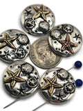 Capture seaside beauty with these starfish 2-hole slider beads. Each bead displays seashell and starfish motifs on an antique silver base with bronze and copper highlights. Perfect for coastal, nautical, or boho-themed designs, the dual-hole style ensures strength and balance for bracelets, chokers, and artisan necklaces. Great for handmade beach jewelry and gifts for ocean lovers.